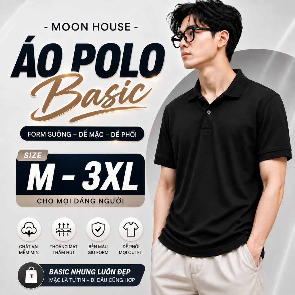 Áo Polo Trơn Unisex Nam Nữ MOON HOUSE Q2 Màu Đen  – Form Suông Cổ Bẻ, Phong Cách Basic Thanh Lịch