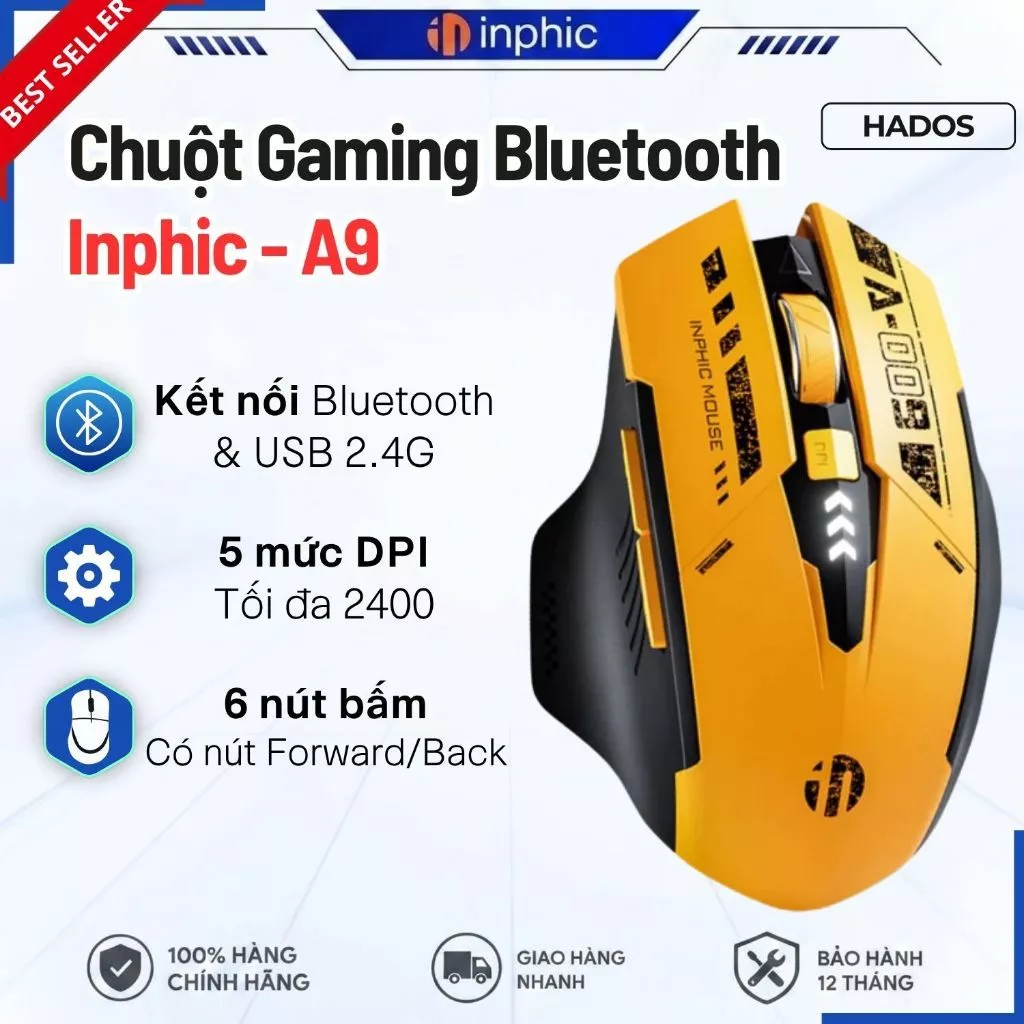 Chuột Không Dây Bluetooth INPHIC A9 V2 Gaming 3 Mode Silent 7 Nút Bấm Công Thái Học Chơi Game