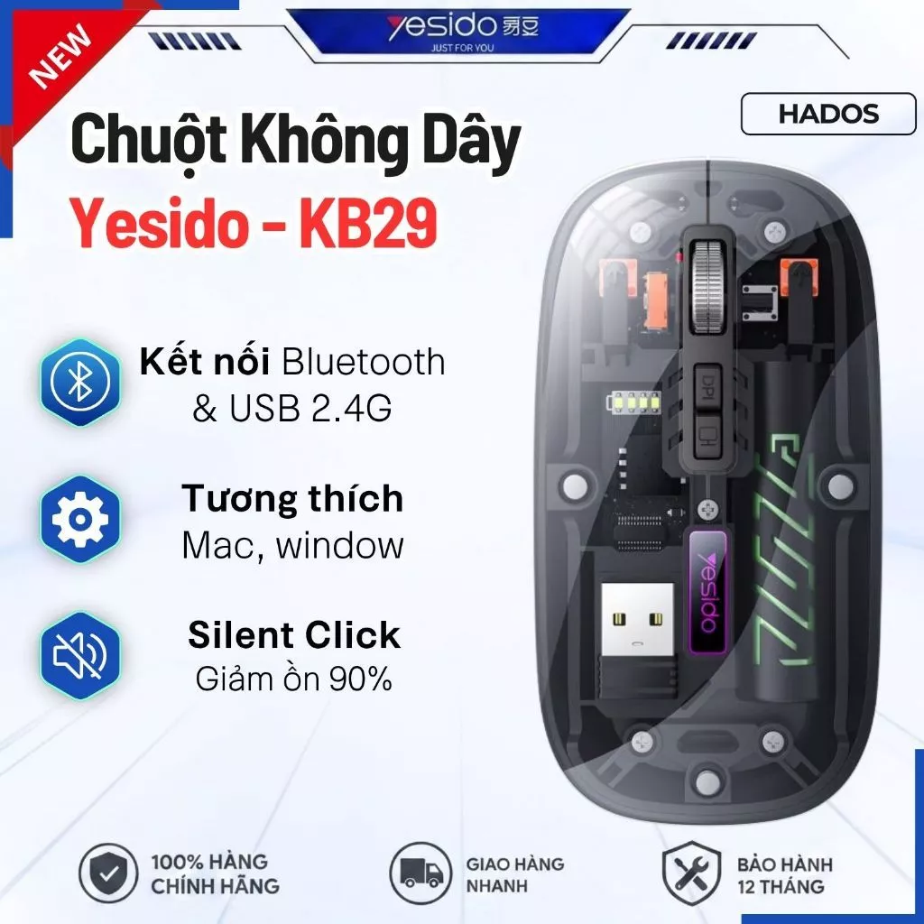 Chuột Không Dây Trong Suốt Yesido KB29 Kết Nối Bluetooth & 2.4G, Pin Sạc TYPE-C, 3 Mức DPI Tùy Chỉnh