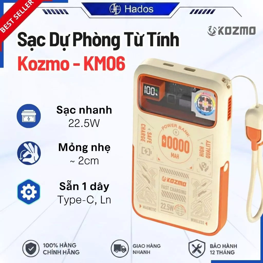 Sạc Dự Phòng Kozmo KM06 - Sạc Từ Tính 10000mAh, Sạc Nhanh PD 22.5W, Nhỏ Gọn, Cầm Vừa Lòng Bàn Tay
