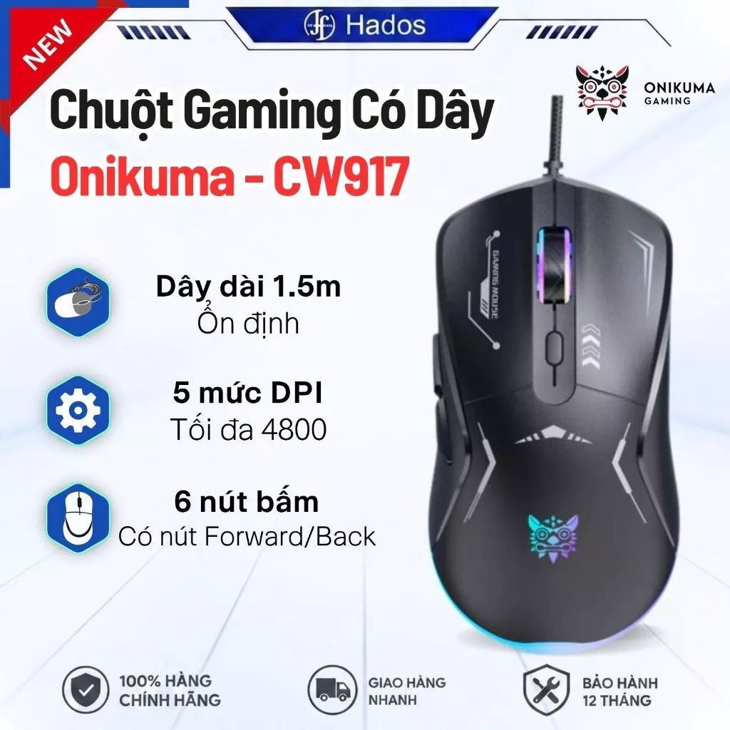 Chuột Có Dây Gaming Onikuma CW917, Có Đèn RGB 7 Màu, DPI 3600, 2 Màu Trắng Đen, Bảo Hành Uy Tín