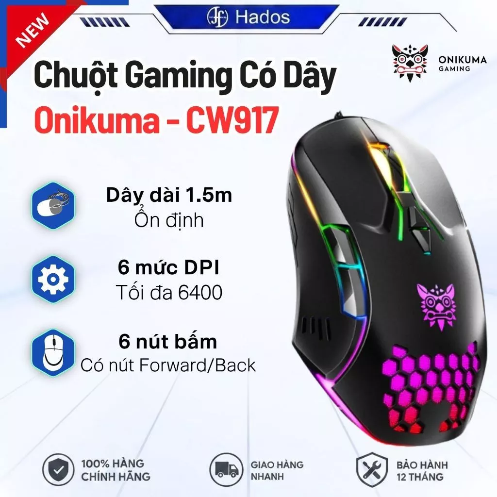 Chuột Có Dây Gaming Onikuma CW902, Chuột Quang RGB 6 Màu, DPI 6400, Pin Sạc, Dùng Liên Tục 20h
