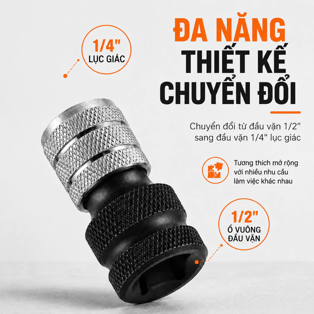 Đầu Chuyển Bulong 1/2 Sang Bắn Vít Chuôi Lục Giác,Dùng Cho Máy Siết Bulong, Thép CR-V CR-MO Cao Cấp