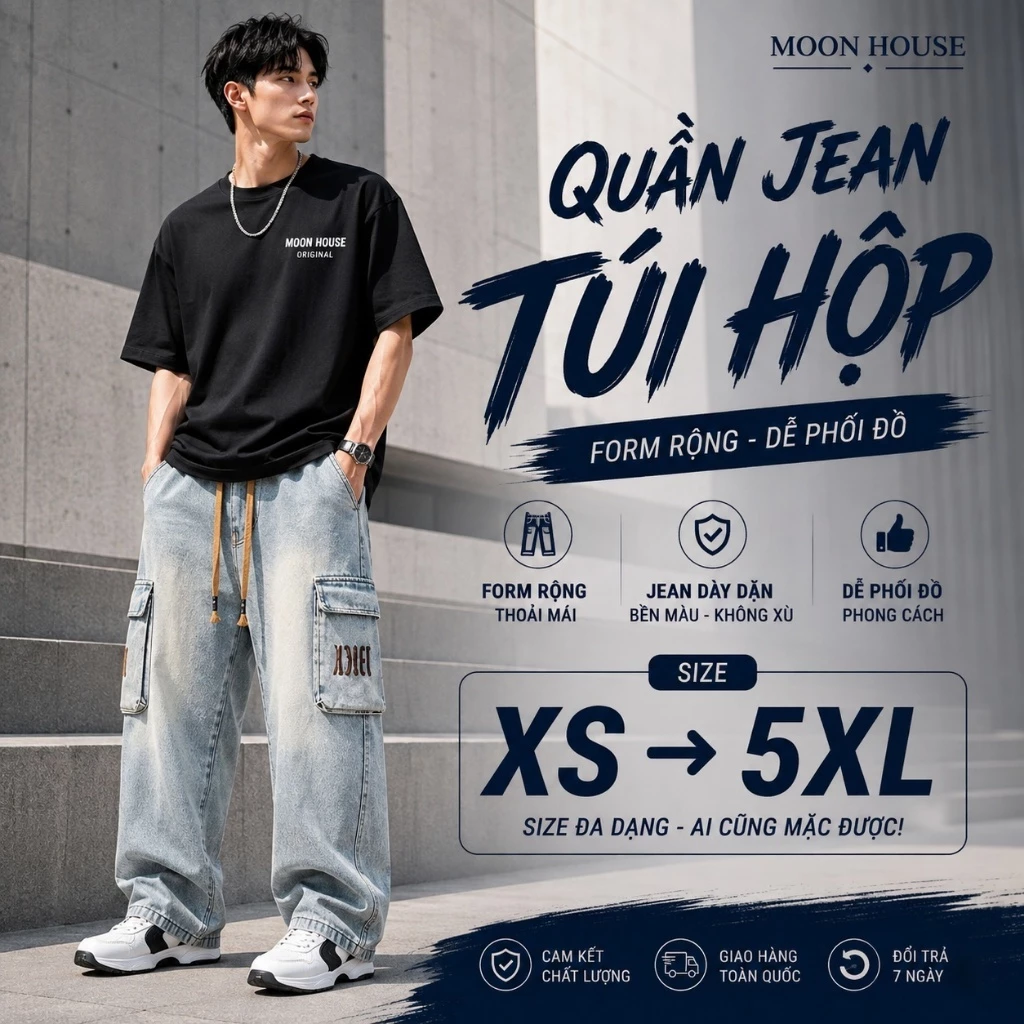 Quần jean ống rộng nam nữ túi hộp MOON HOUSE 115 Màu Xanh Bạc basic thoải mái trẻ trung năng động, phong cách Hàn Quốc