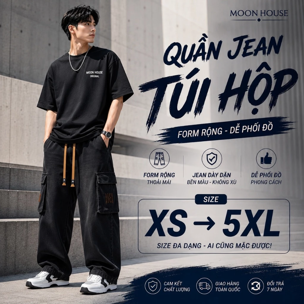Quần jean ống rộng nam nữ túi hộp MOON HOUSE 115 Màu Đen Than basic thoải mái trẻ trung năng động
