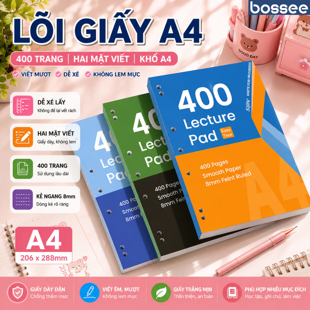 Giấy Lecture Pad A4, Lõi Giấy Dễ Xé 200-400 Trang Bossee