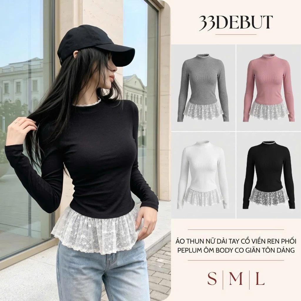 [MỞ BÁN ÁO GIỮ NHIỆT L1 2027] Áo Thun Nữ Dài Tay Cổ Viền Ren Phối Peplum Ôm Body Co Giãn Tôn Dáng Phong Cách Hàn Quốc Nữ