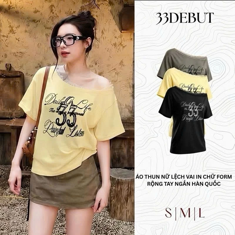 [DEAL-Thun Giấy QC] Áo Thun Nữ Lệch Vai Phối Cổ REN In Chữ Form Rộng Tay Ngắn Kaki Mềm Mịn Phong Cách Hàn Quốc P07 REN