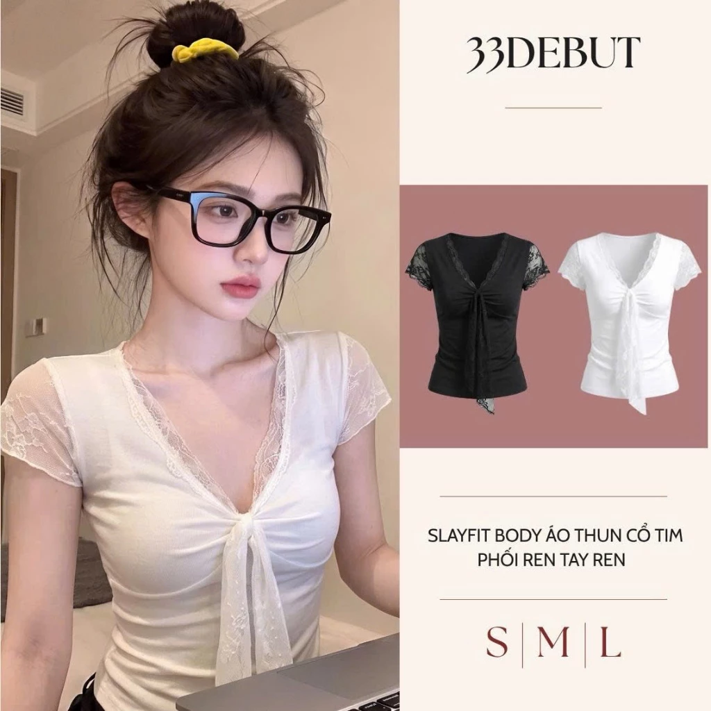 [ DEAL MỞ BÁN ] SLAYFIT Body Áo Thun Nữ Ôm Body Cổ Tim Phối Ren Tay Ren Đính Nơ Dáng Baby Tee Co Giãn Mềm Mịn Phong Cách