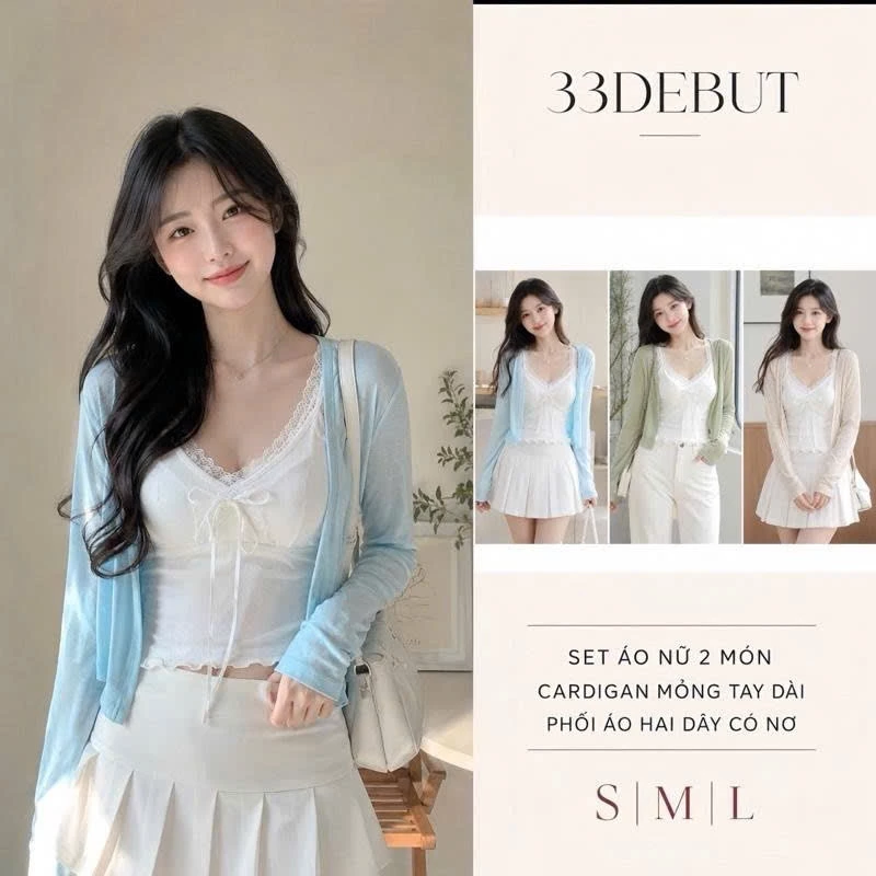 [SET Áo Nữ 2MÓN] Cardigan Mỏng Tay Dài Phối Áo Hai Dây Viền Ren Có Nơ, Kiểu Dáng Ôm Body - P08