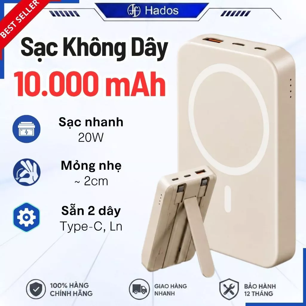 Sạc Dự Phòng Không Dây 10.000mAh, Siêu Hút, Sạc Phone 1-2 Lần, Có Chân Đỡ Tiện Lợi, Mỏng Nhẹ Nhỏ Gọn