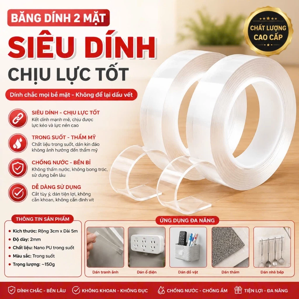 ❌Dính Chắc❌ Băng Dính 2 Mặt 5M Nano Trong Suốt Siêu Dính Mọi Bề Mặt Tiện ích 88127 Shop Giao Hàng Nhanh 88