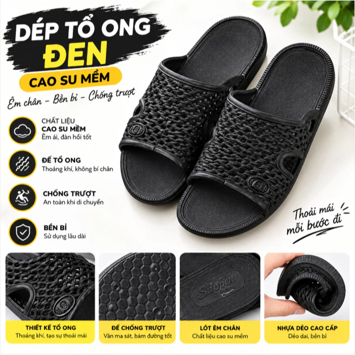 Dép Tổ Ong Đen Đi Trong Nhà, Nhà Tắm ,Văn Phòng , Ngoài Trời Chống Trơn Trượt Nhẹ Dễ Cọ Rửa 88300 Giao Hàng Nhanh 88