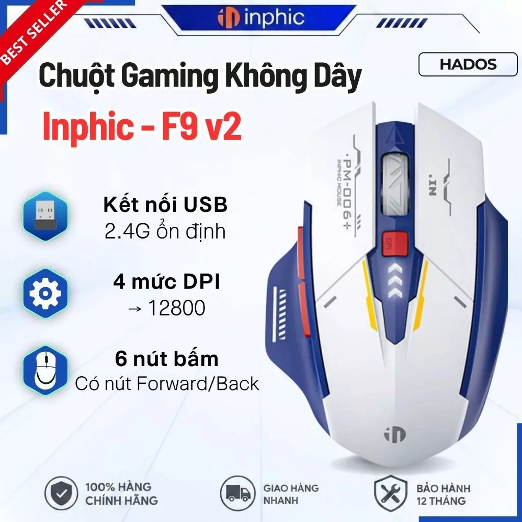 Chuột máy tính không dây gaming INPHIC F9 v2 GUNDAM 6 nút, chống ồn, giá rẻ, dpi lên đến 12800