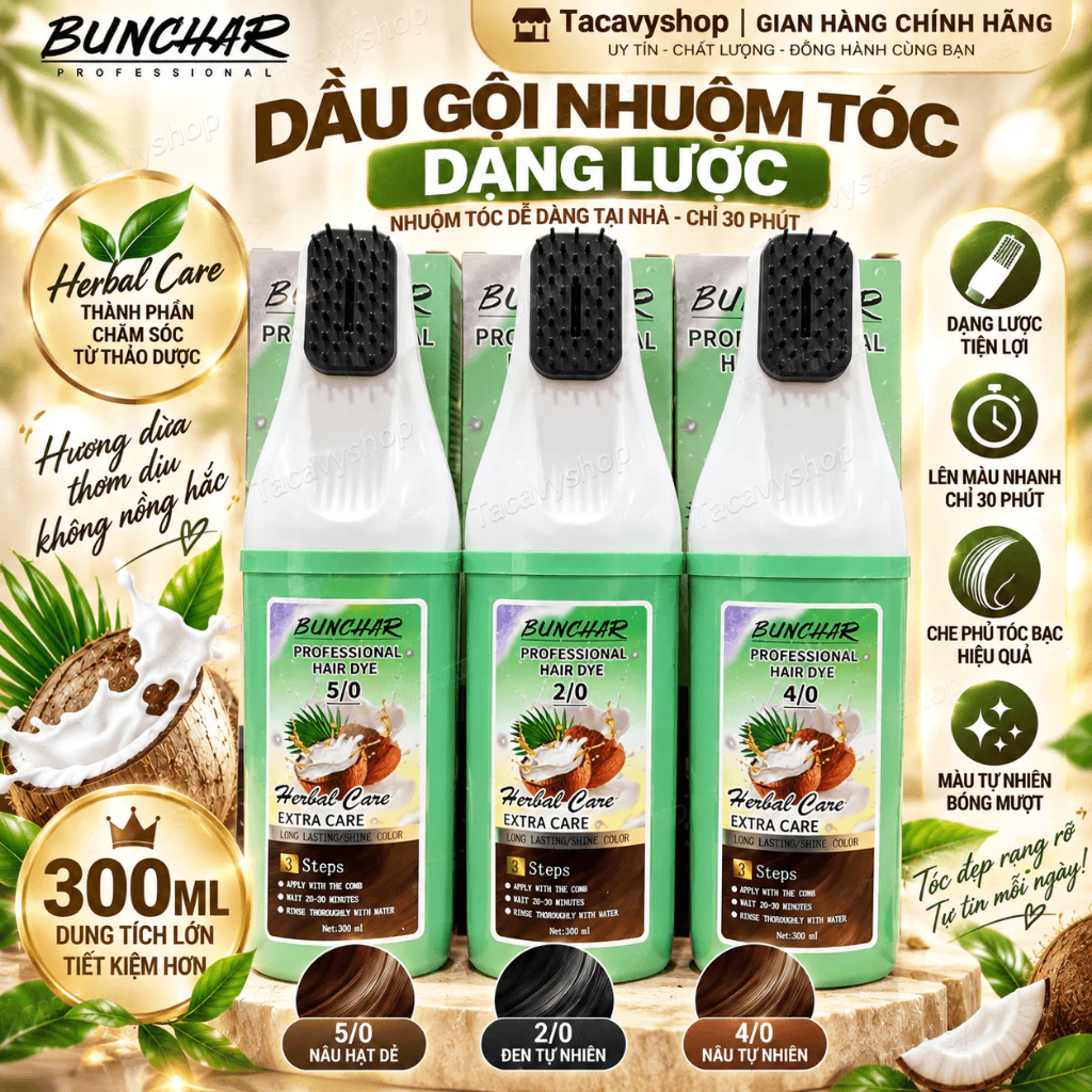 Nhuộm Tóc BUNCHAR 300ml Dạng Lược Che Phủ Tóc Bạc, Đen Tự Nhiên Nâu Hạt Dẻ