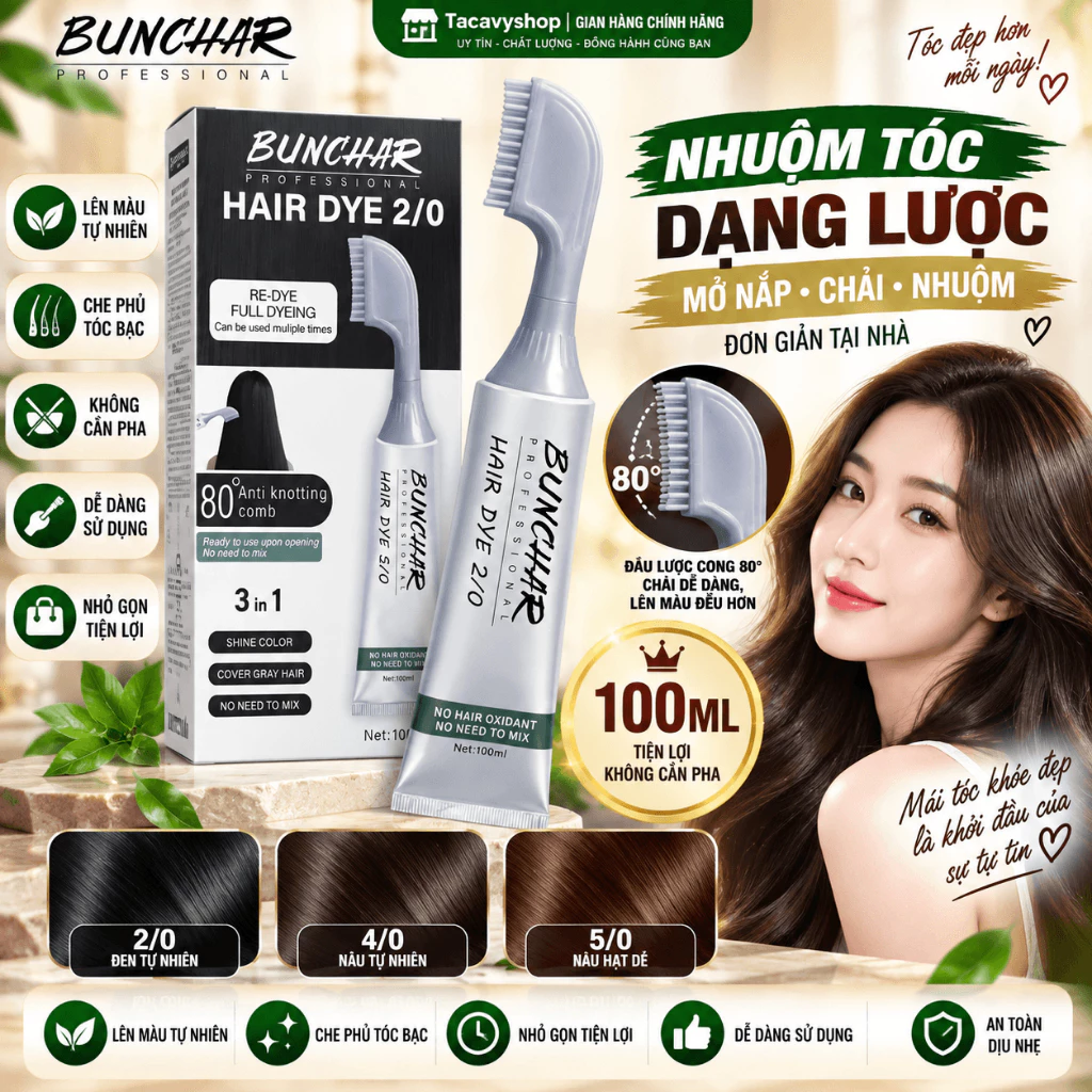 Nhuộm Phủ Bạc Bunchar 3in1 Nhuộm Đen,Nhuộm Nâu Tóc Nhanh Hương Thảo Dược, Không xót , Không Lem