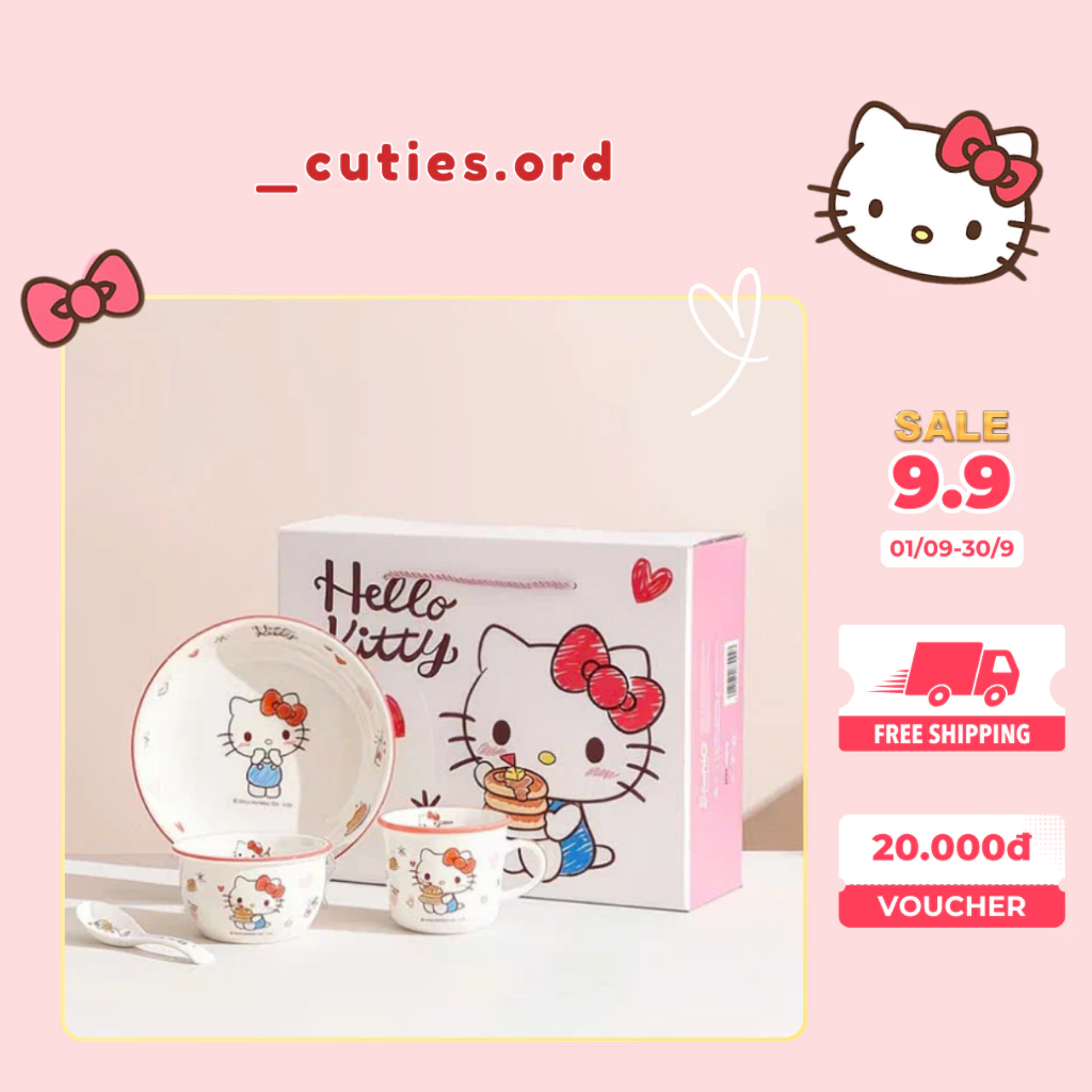 [SẴN] Bộ Quà Hello Kitty Chính Hãng 4 Món – Set Cốc Bát Đĩa Thìa Dễ Thương