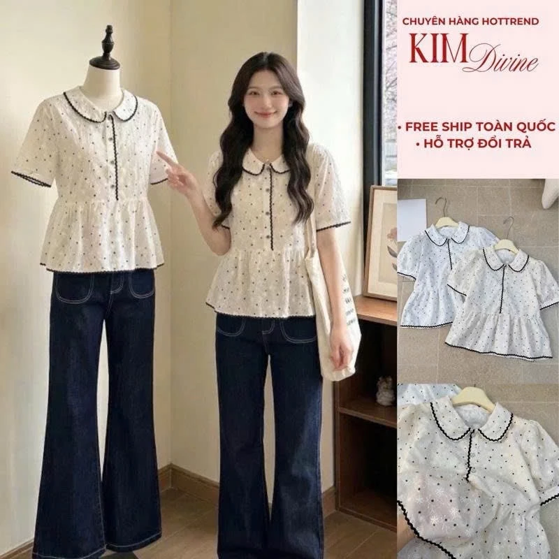[ Mở Bán] Áo Sơ Mi Thô Boi Phối Viền Ren Thêu Hoa Chấm Bi, Trẻ Chung Dễ Mix Đồ Họ Tiết Thêu Hoa Trực Tiêp 33 Debut