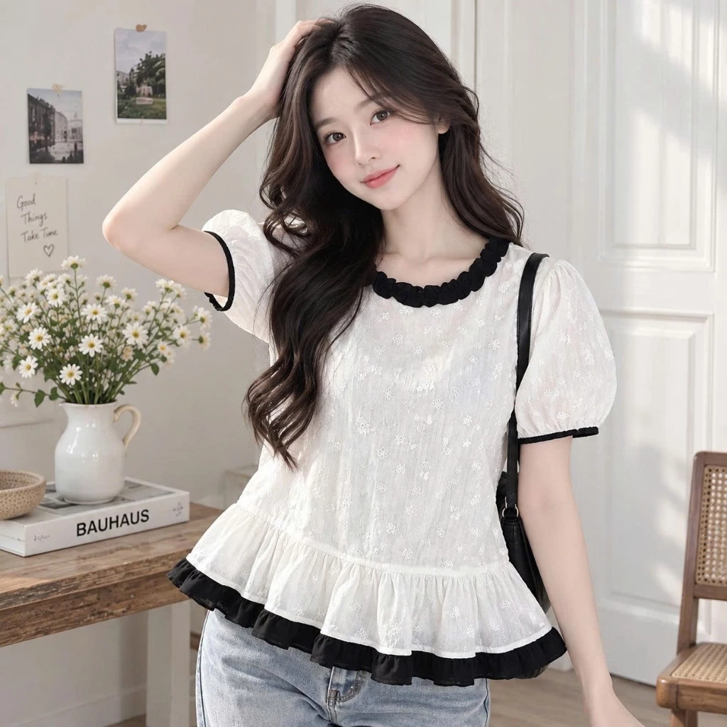 [ Mở Bán] Áo Sơ Mi Thô Boi Phối Viền Ren Thêu Hoa, Trẻ Chung Dễ Mix Đồ Họ Tiết Thêu Hoa Trực Tiêp K562