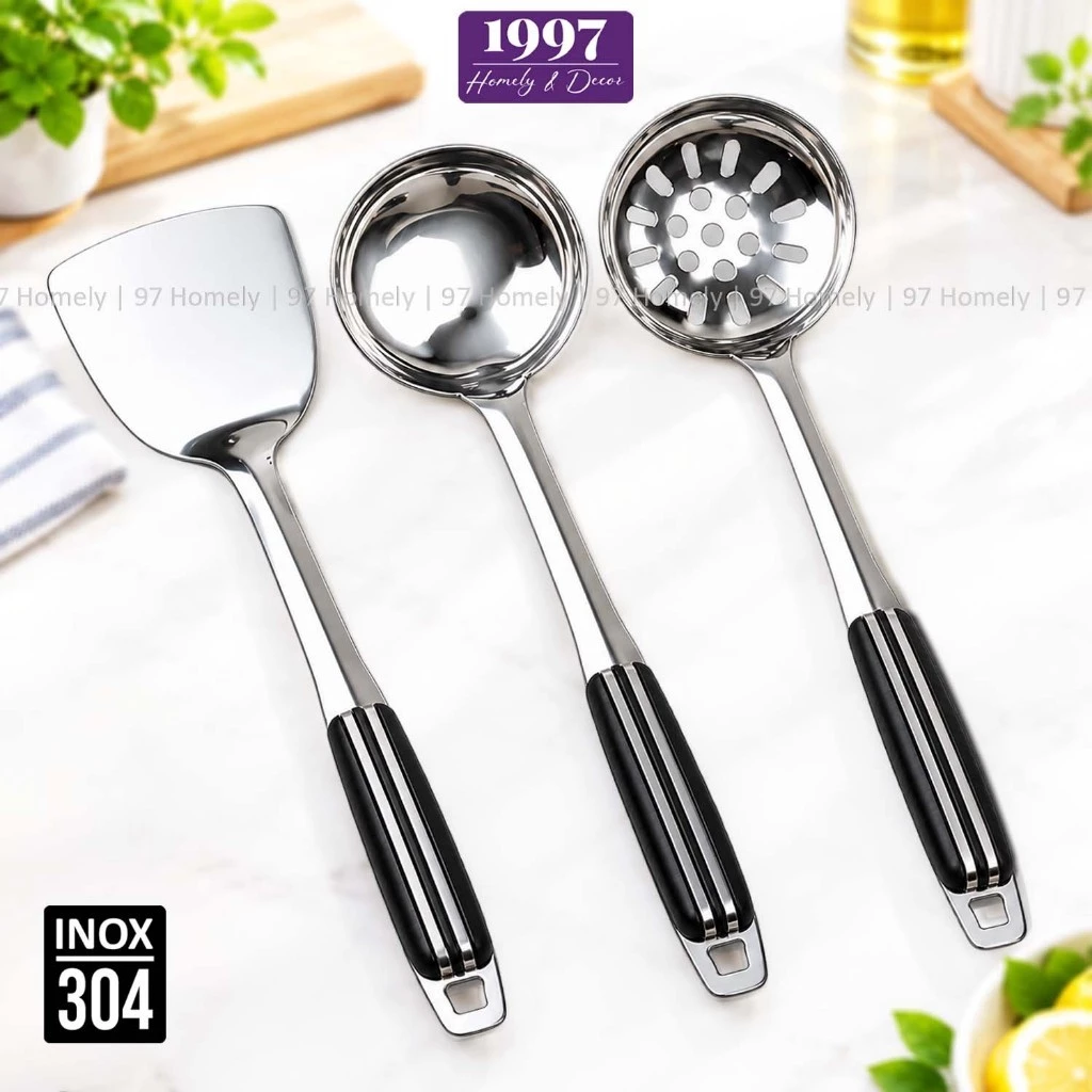 Muôi Canh Muôi Lỗ & Xẻng Inox 304 Cán Nhựa Đen 2 Kích Cỡ Bộ Đồ Nhà Bếp Bàn Ăn 97HOMELY DT260300801