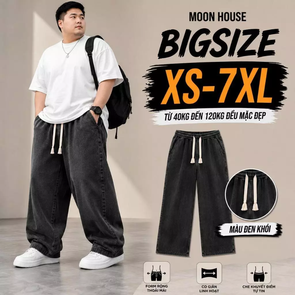 [ CÓ BIGSIZE ] Quần jean ống suông cạp chun bigsize nam nữ MH 09 MÀU WASH KHÓI thoải mái