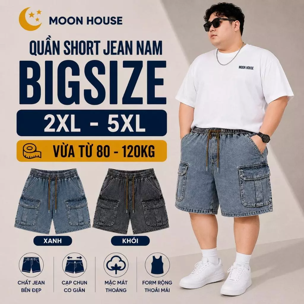 [CÓ BIGSIZE] Quần Short Jean Nam MOON HOUSE N1 Form Rộng Cá Tính Năng Động Thời Trang Streetwear