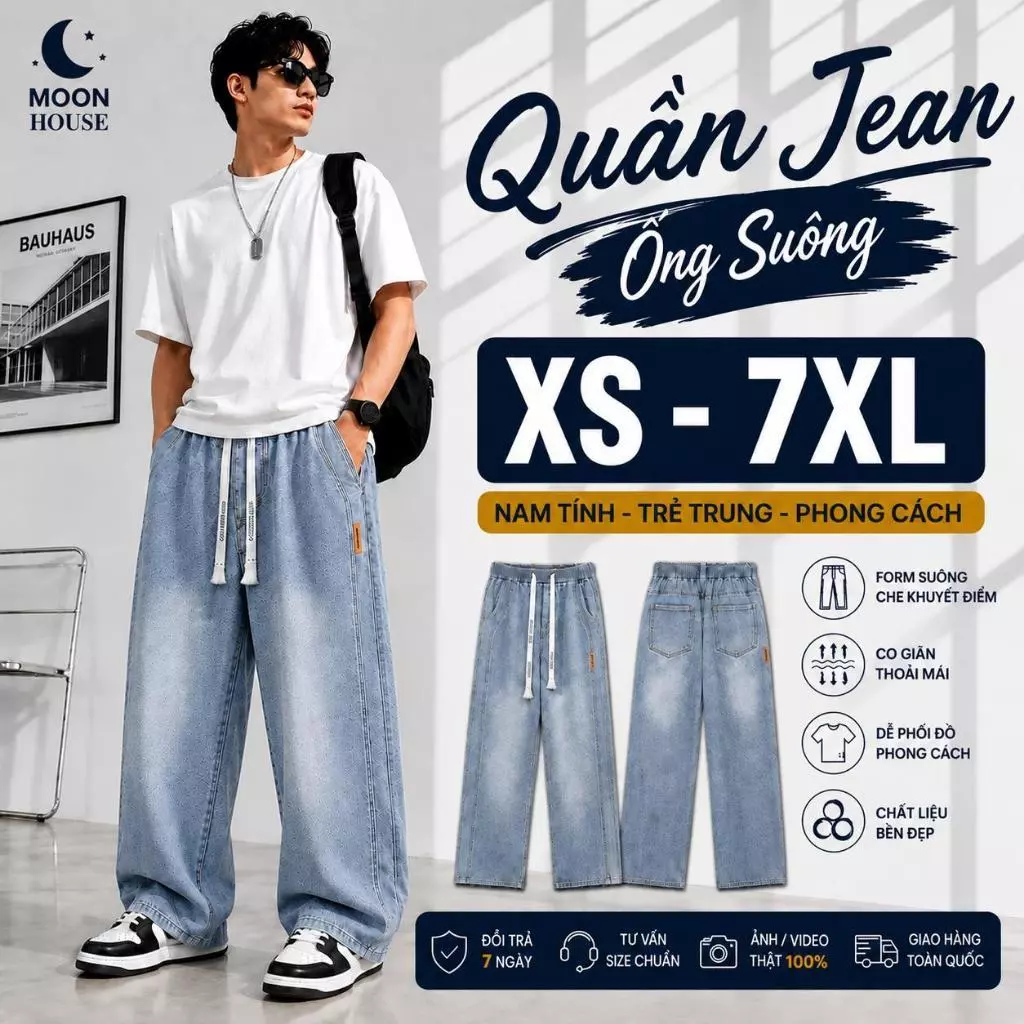 Quần jean ống rộng dành cho nam nữ bigsize MOON HOUSE N9 - Xanh Đậm Menswear Ong Pants Có Túi jean retro