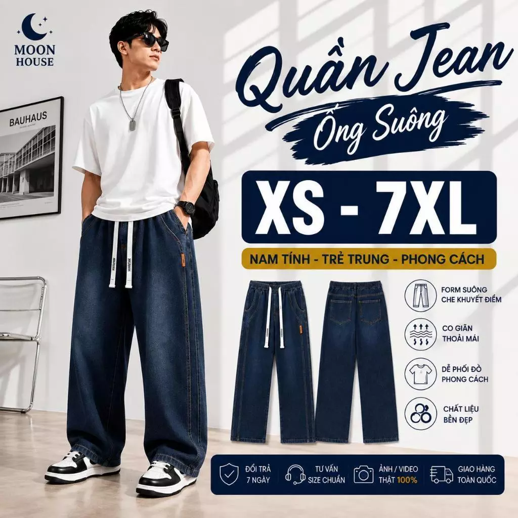 Quần jean ống rộng dành cho nam nữ bigsize MOON HOUSE N9 - Xanh Thẫm Menswear Ong Pants Có Túi jean retro