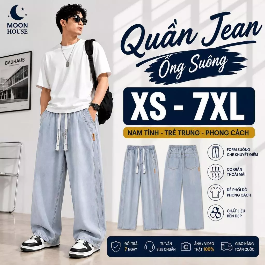 Quần jean ống rộng dành cho nam nữ bigsize MOON HOUSE N9 - Xanh Nhạt Menswear Ong Pants Có Túi jean retro