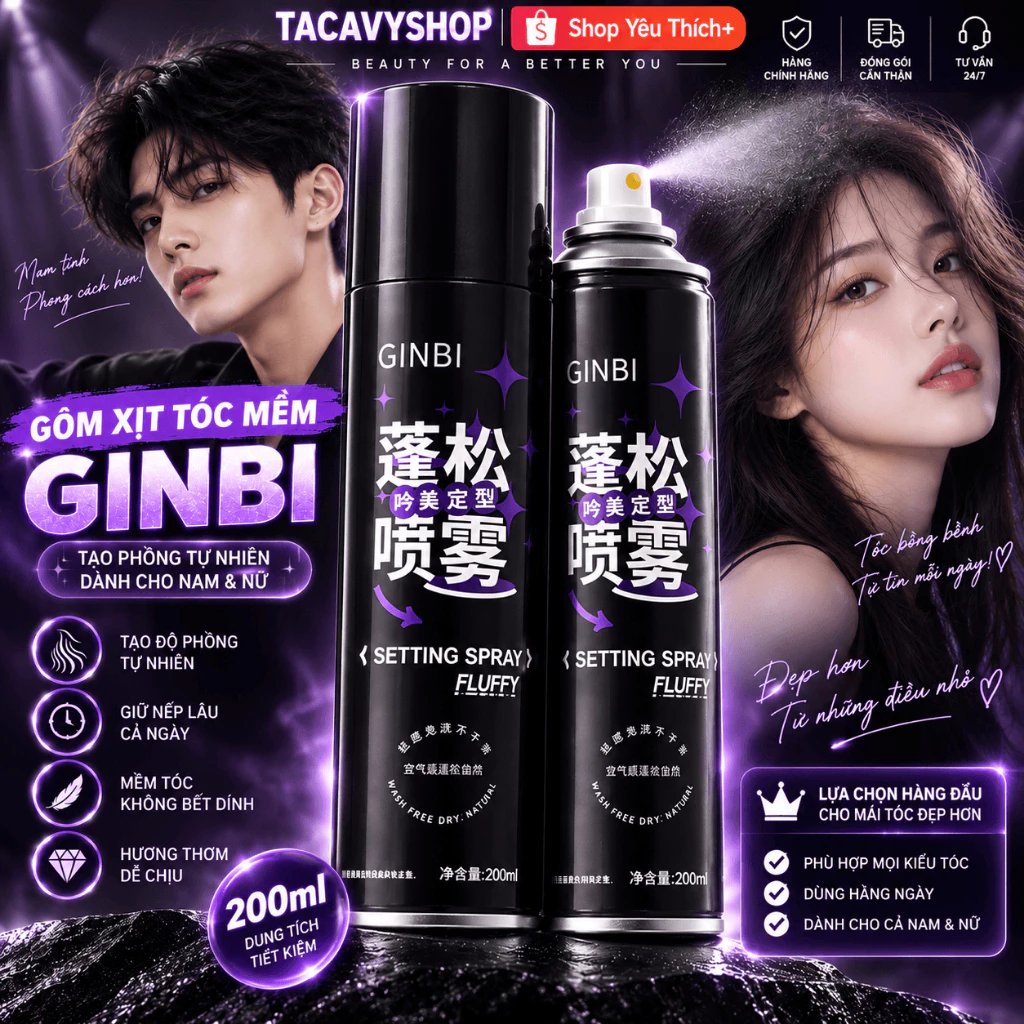Gôm Xịt Tóc Mềm GINBI 200ml – Giữ Nếp & Tạo Phồng Tự Nhiên,Keo Xịt Phồng Mềm Mượt Không Bết Tóc