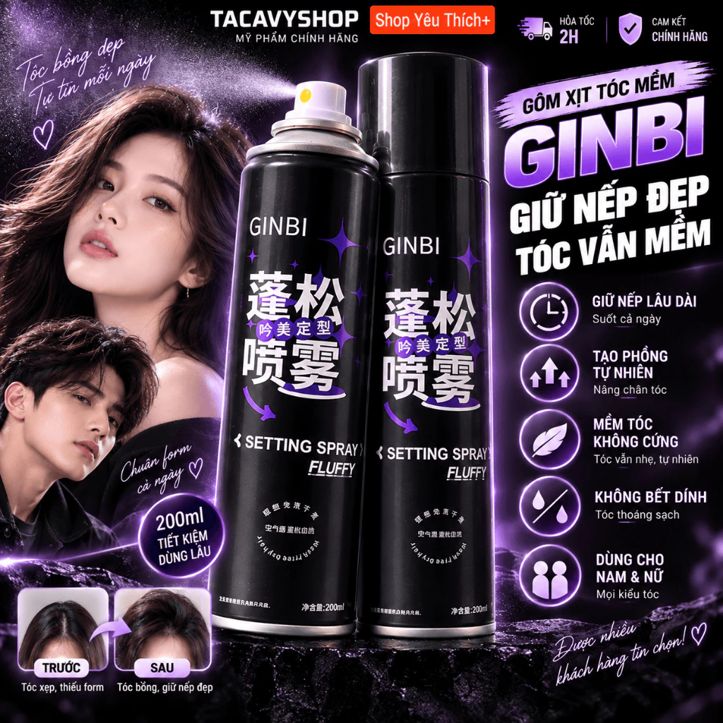 Gôm Xịt Tóc Mềm GINBI 200ml – Keo Xịt Mềm Giữ Nếp Chắc Không bết , Tóc Bồng Bềnh Tự Nhiên & Mềm Mượt