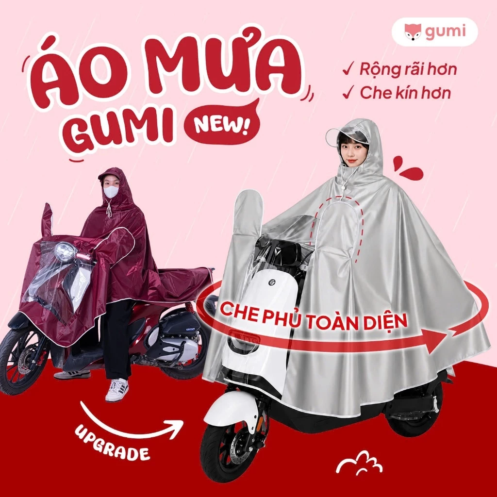 Áo Mưa GUMI 1 Mũ 2 Mũ Siêu Dày, Chống Thấm Nước, Che Kín Toàn Thân, Che Gương