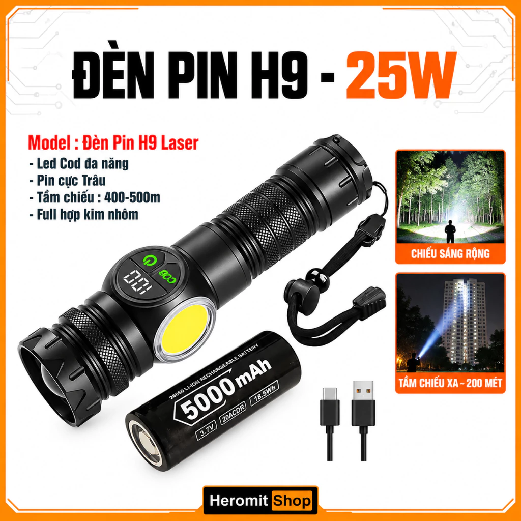 Đèn pin siêu sáng cầm tay H9 zoom xa gần sạc Type-C 9 chế độ sáng