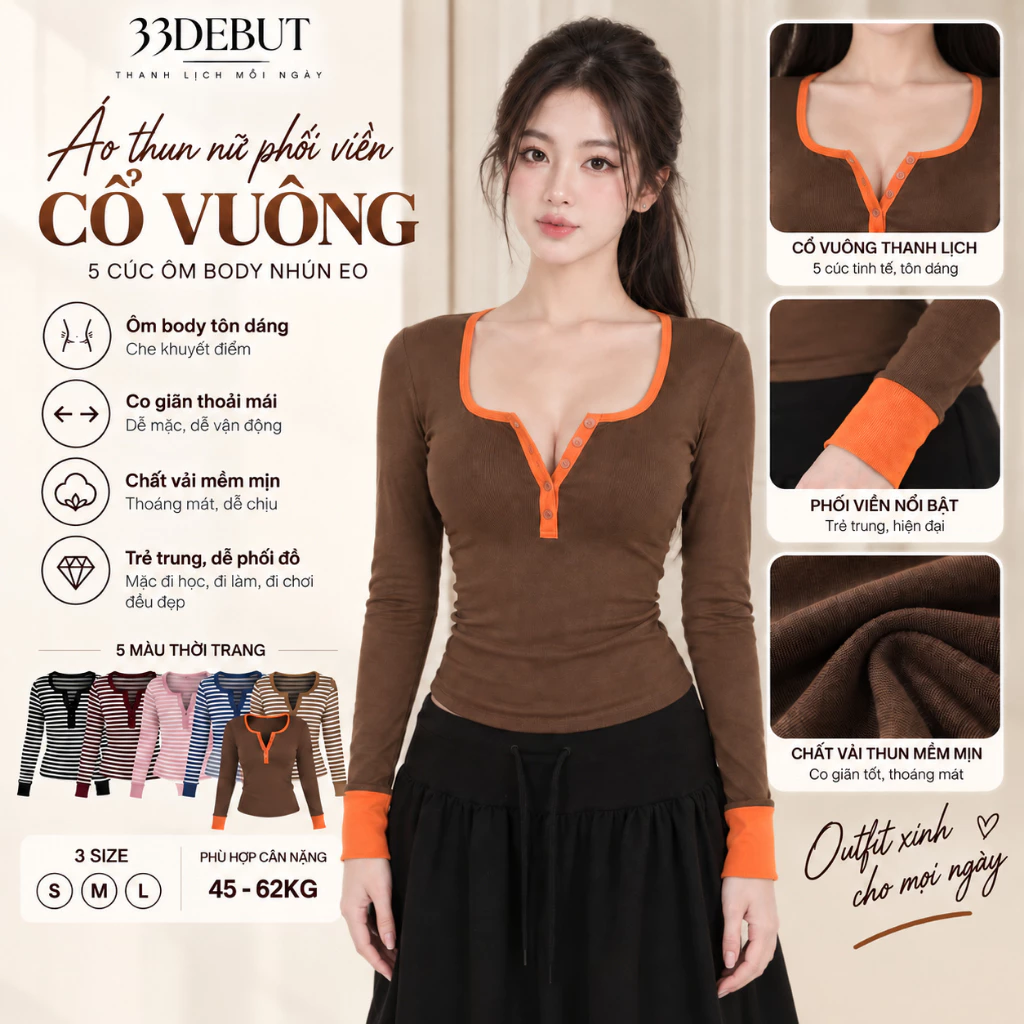 [ DEAL MỞ BÁN ] Áo Thun Nữ Tay Dài Phối Viền Cổ Vuông 5 Cúc Ôm Body Co Giãn PM03Nhún Eo Áo Basic Dáng Gọn Tôn Dáng