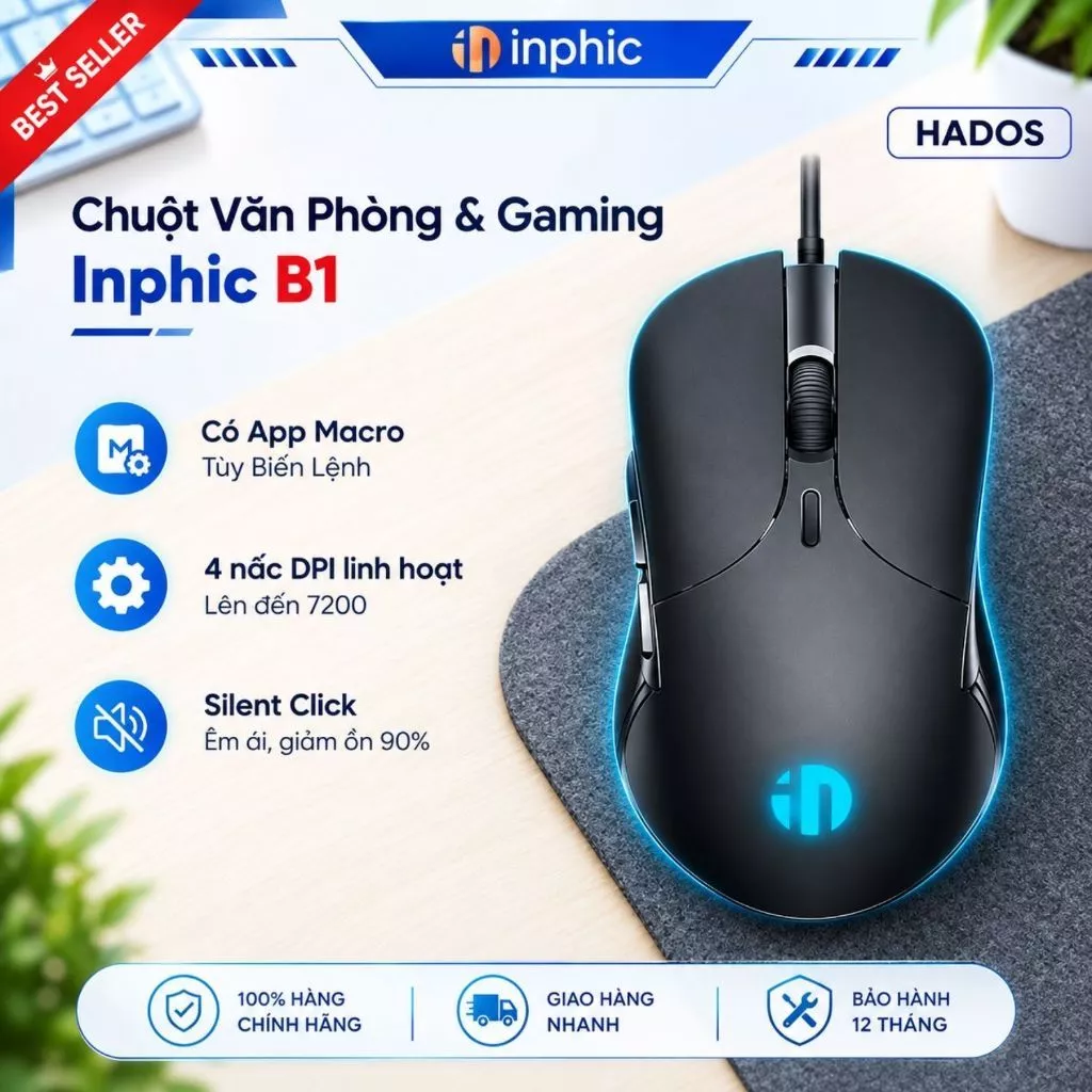 Chuột Văn Phòng Có Dây Inphic B1 - Click Giảm Ồn Tuyệt Đối, DPI 4 mức 7200 Mượt Mà Cho Laptop PC