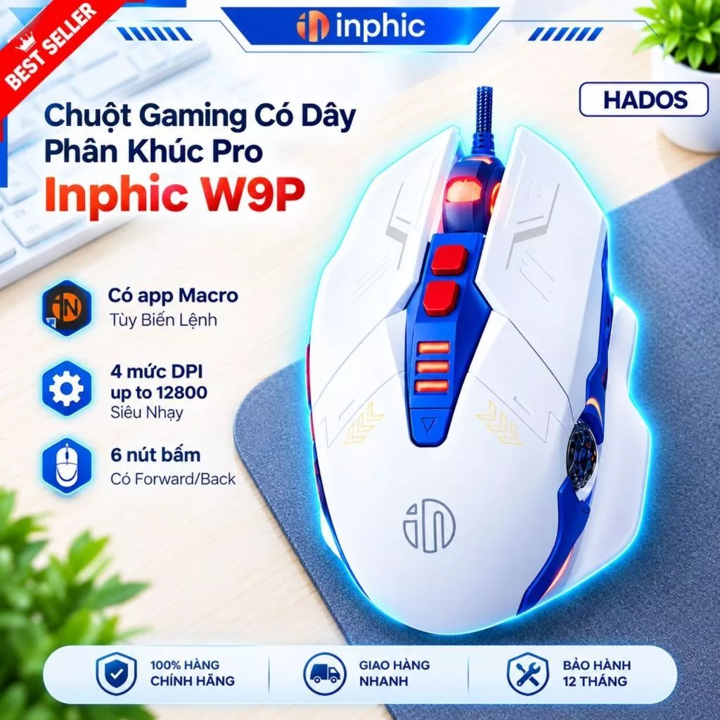 Chuột Gaming Có Dây Inphic W9P - Click Chống Ồn, Có App Macro, DPI 12800 Cho Học Sinh, Game Thủ