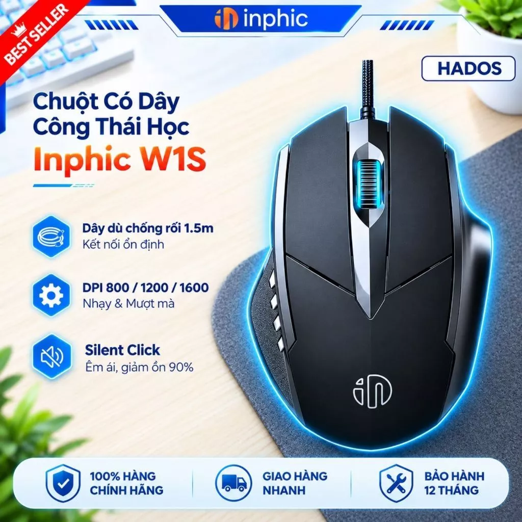 Chuột Gaming Có Dây Inphic W1S - Click Giảm Ồn Cảm Biến Quang Học Siêu Nhạy Không Delay Cho Game Thủ