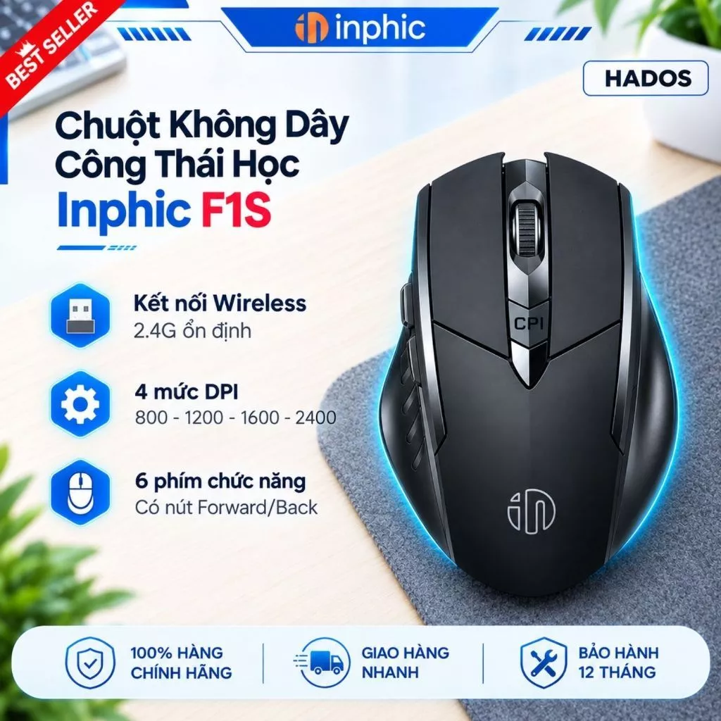 Chuột Gaming Không Dây Inphic F1S - Click Chống Ồn Pin Sạc 70h, Form Công Thái Học Cày Đêm Không Mỏi