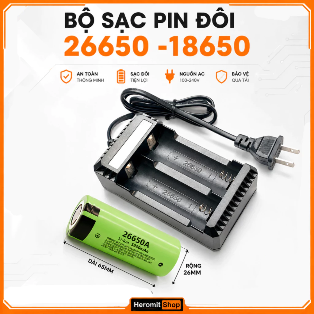 Bộ sạc đôi pin 3.7V , sạc pin 26650 , 18650 có đèn báo