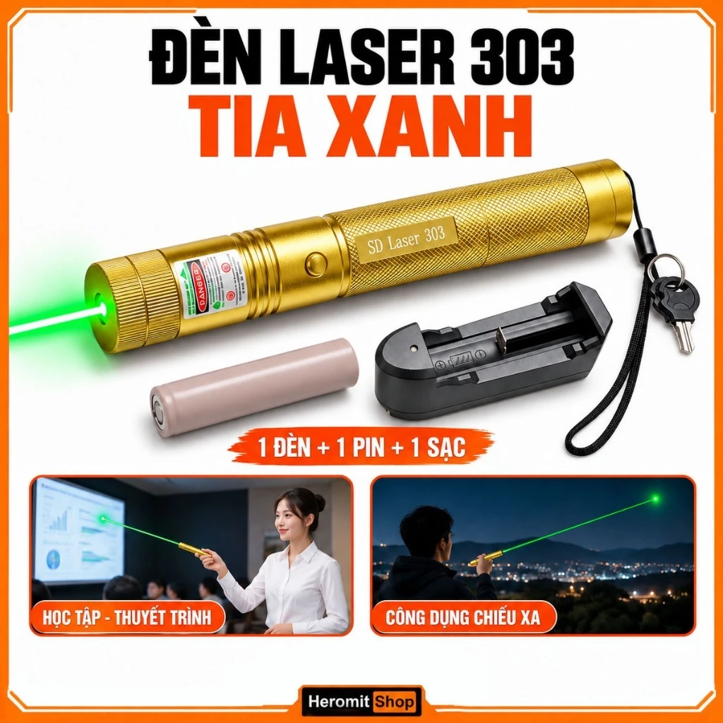 Đèn PIN SD 303 Laser , Bút laser 303 công suất cao laze THÂN VÀNG ,TIA XANH loại tốt