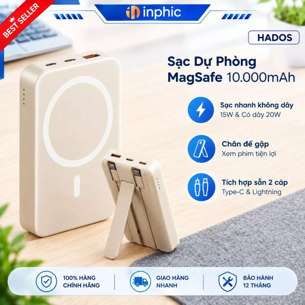 Sạc Dự Phòng Không Dây 10.000mAh, Hít Chắc, Sạc Phone Từ 1-2 Lần, Có Chân Đỡ Tiện Lợi Nhỏ Gọn Bỏ Túi