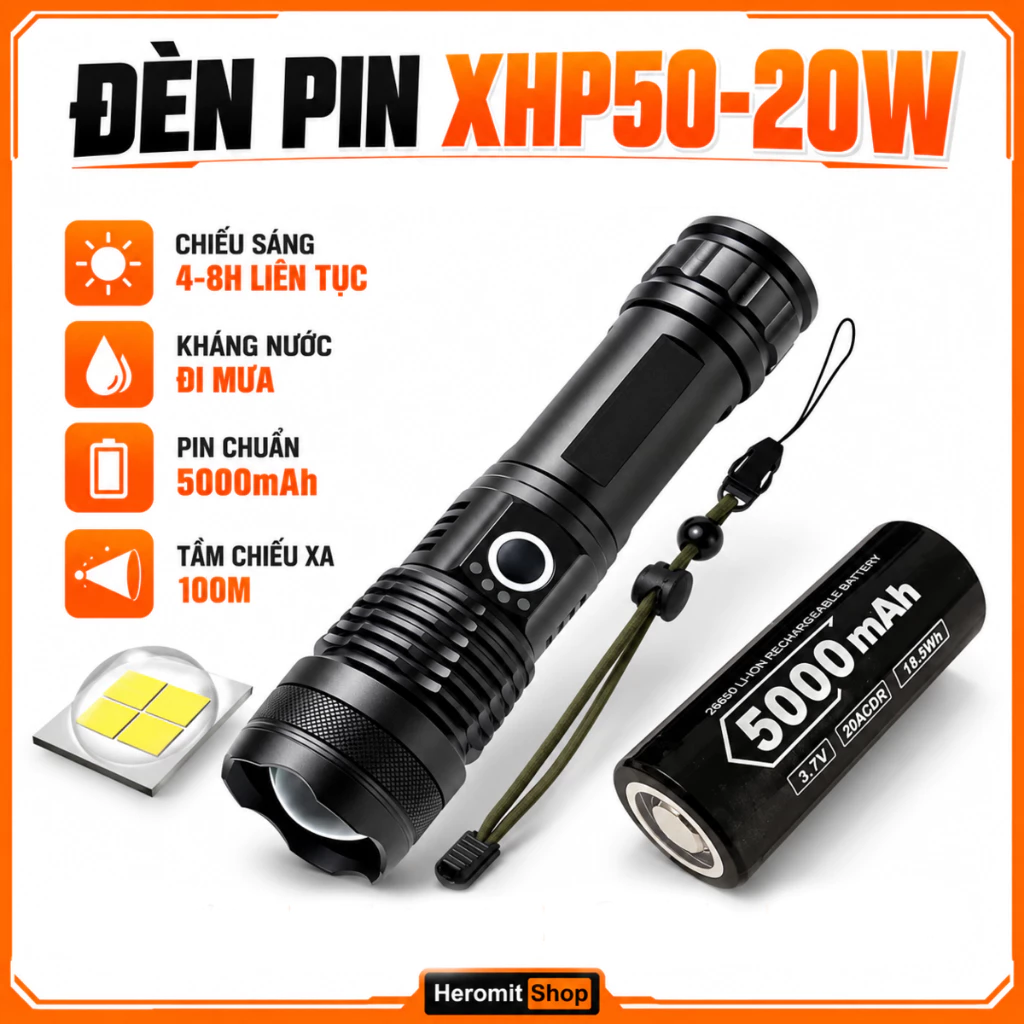 Đèn pin Siêu Sáng XHP50 cáp Type-C chip led công suất cao