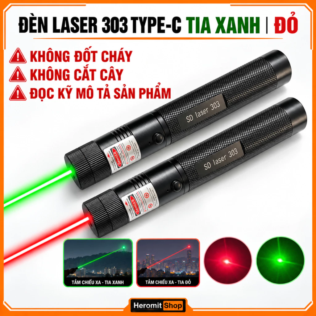 Đèn laze mạnh , Bút laser 303 có cổng sạc Type-C trực tiếp