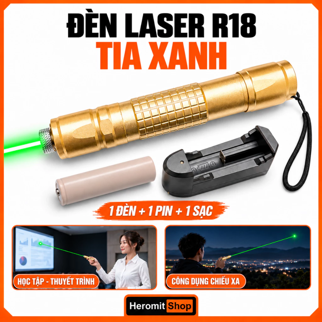 Đèn laser R18 thân Vàng tia Xanh , Bút laser cường độ cao