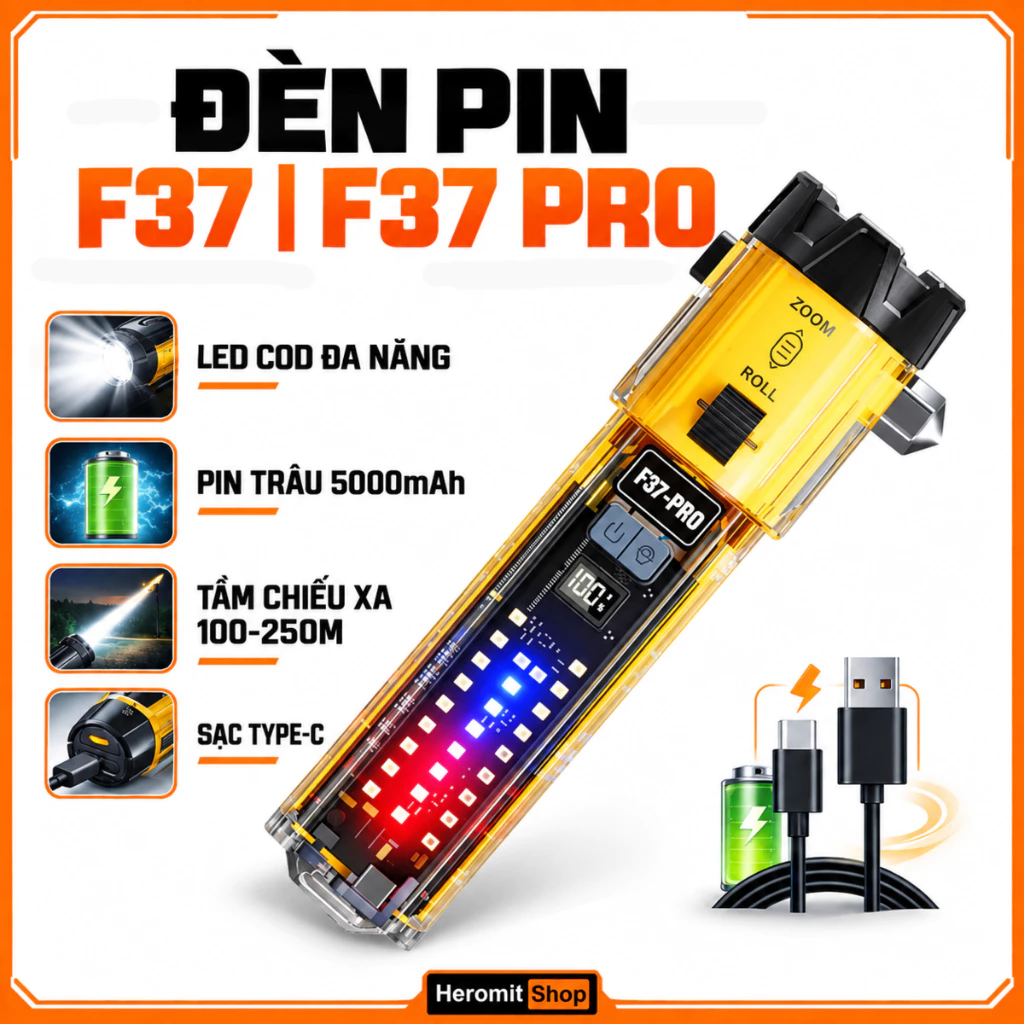 Đèn pin siêu sáng cầm tay F37 / F37-PRO đa năng cắm trại , đi rừng zoom xa gần
