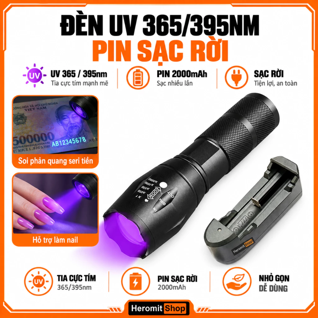 Đèn Pin Tia Cực Tím Cỡ Lớn , Đèn UV chuyên dụng 395nm UV-3 ( tặng thẻ UV)