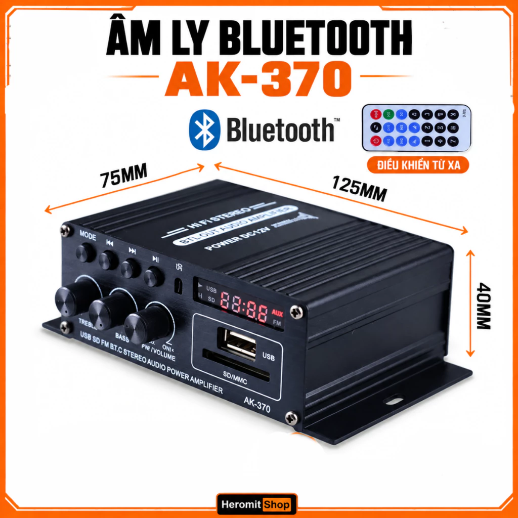 Âm Ly Bluetooth AK 370 Mini HiFi 12VDC đọc nhạc thẻ nhớ , USB