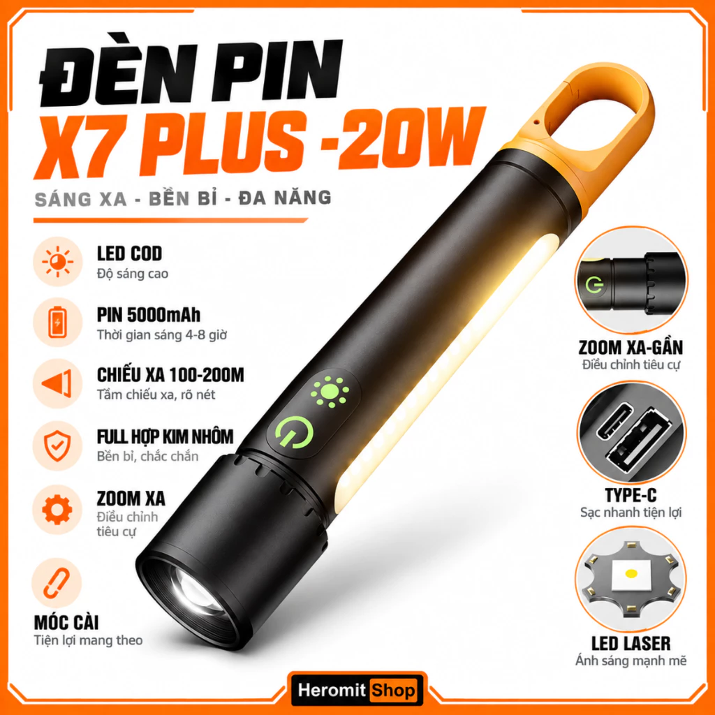 Đèn pin siêu sáng X7 / X7 Plus Led Laser 20W có 9 chế độ sáng