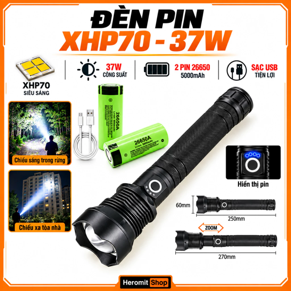 Đèn pin Siêu Sáng XHP70 cáp Type-C pin Trâu