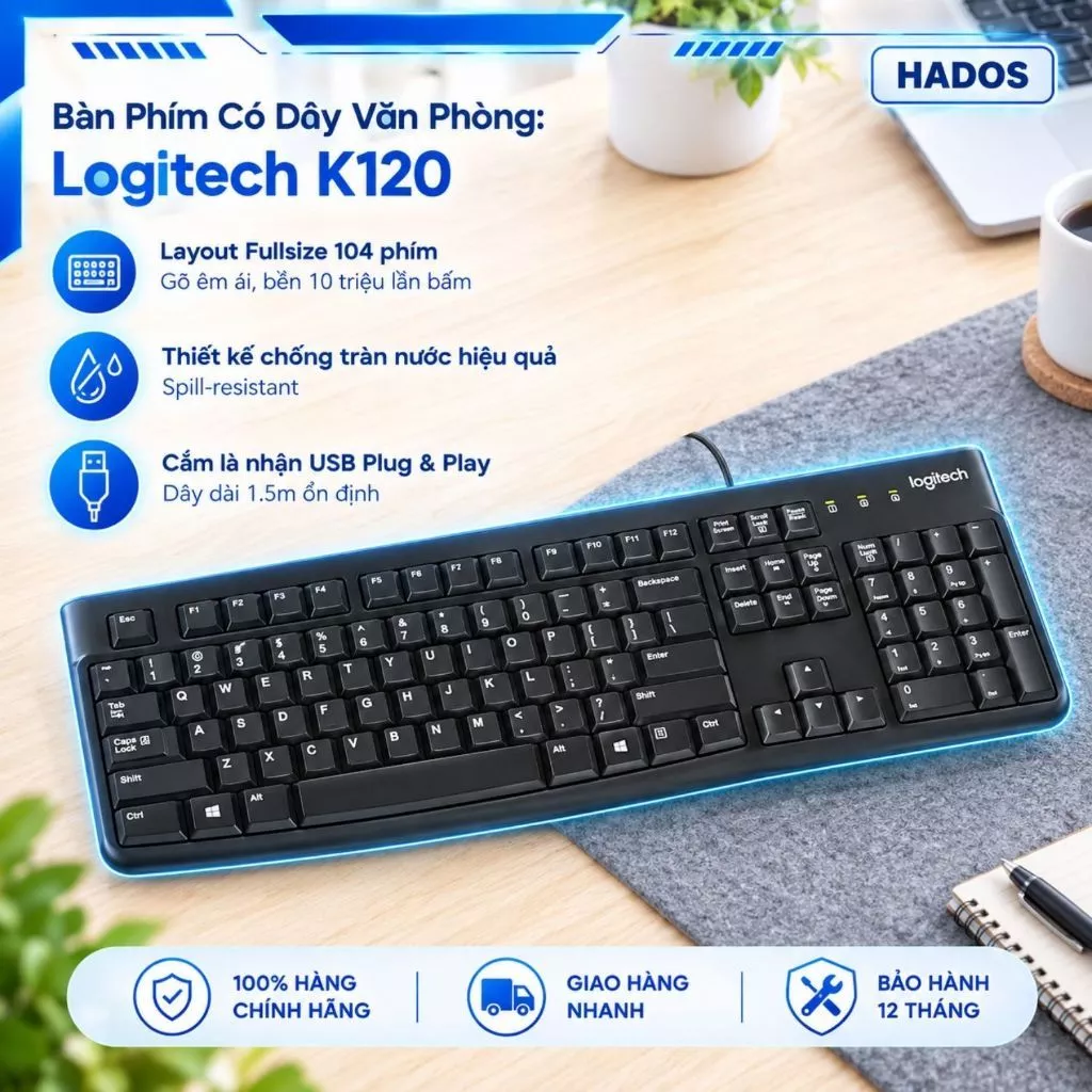 Bàn Phím Có Dây Chính Hãng Logitech K120, Đủ 104 Phím, Kết nối USB Dây dài 1.5m, Chống Nước Đổ Tràn
